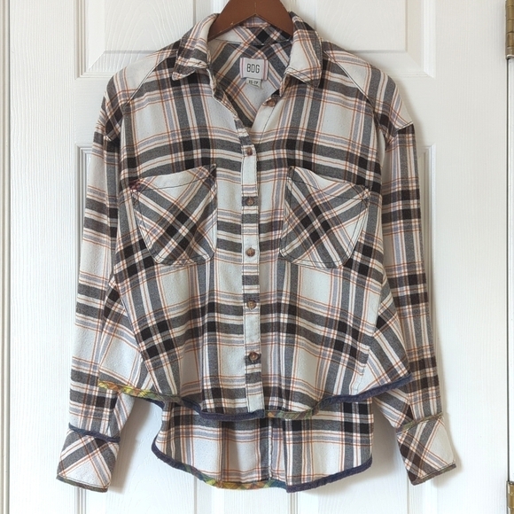 BDG Urban Outfitters Karl Slouchy Plaid Flannel Button Down Shirt Ivory XS - Picture 1 of 13